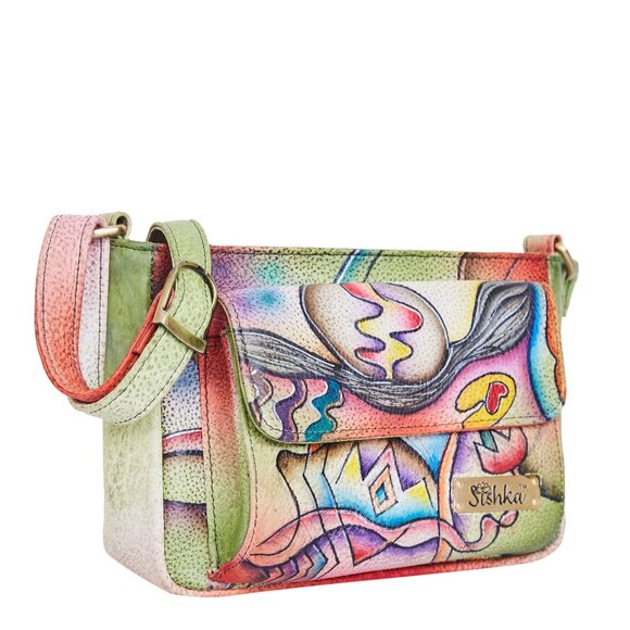 Hand-Painted Leather Crossbody Bag for Women with Abstract Artwork, Sling Bag - Picture 2 of 7